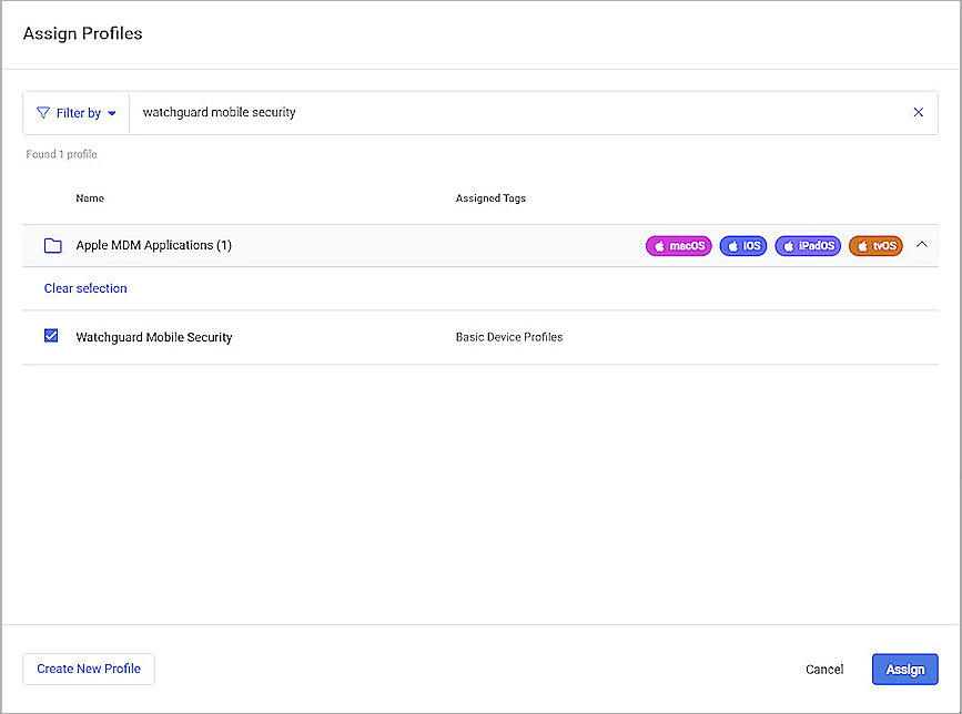 Screenshot of Assign Profiles dialog box in Kaseya VSA X